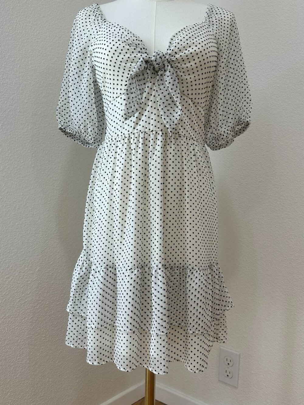 NWT LC Lauren Conrad Ivory Black Flocked Polka Dot Tie Front Midi Dress -Size XS